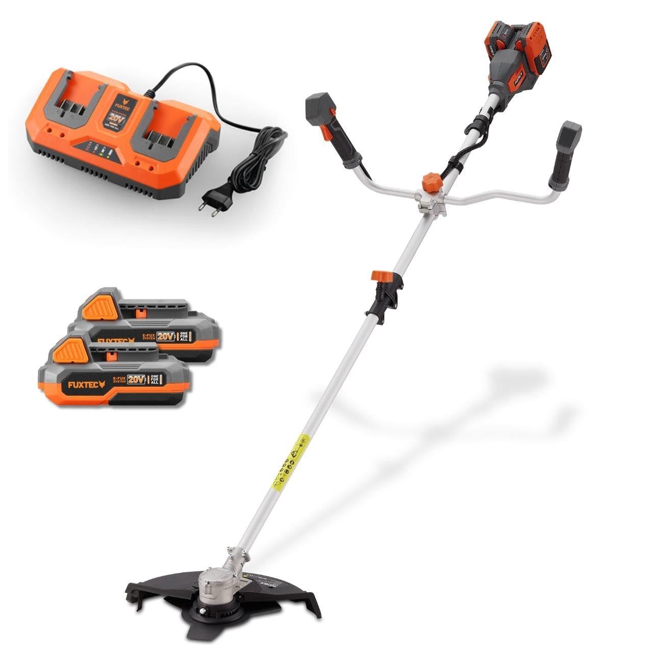 Desbrozadora a batería FUXTEC 40 V FX-E2MSCSET • Cortabordes y desbrozadora 2 en 1 a batería con 35 cm de Ancho de Corte • 2x20 V • Incluye baterías y Cargador • Correa de Transporte • 2 Niveles
