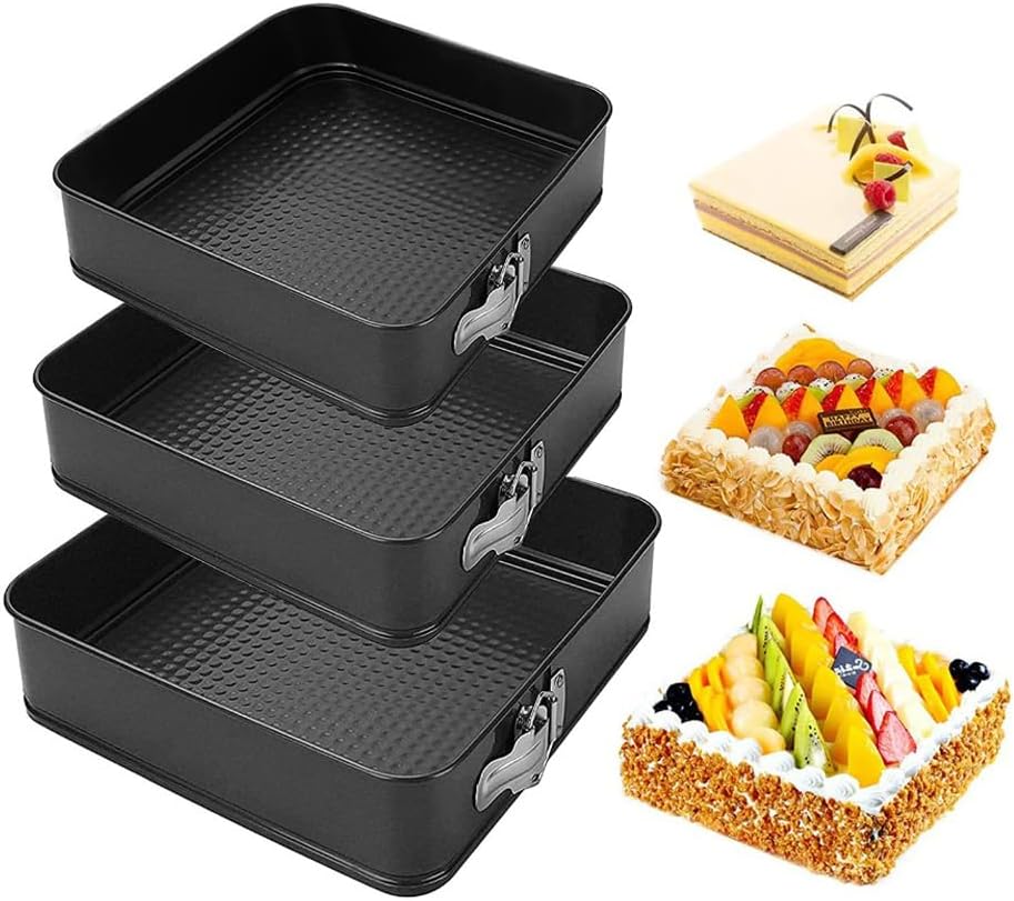 3Pcs Springform Cake Pan Set, Nonstick Leakproof Square Cheesecake Pans with Removable Bottom, Carbon Steel, 3 Sizes(24+26+28cm)