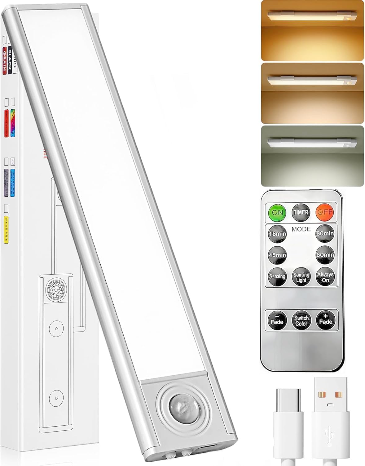 Under Cabinet Kitchen Lights, 20cm LED Motion Sensor Lights Indoor with Remote Control, 3 Color Stepless Dimming, 1500mAh Rechargeable Wardrobe Lights for Cupboard, Kitchen, Bedroom, Hallway (1 PC)