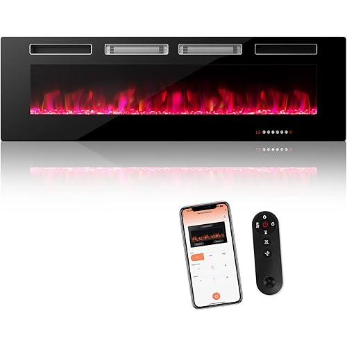 Tangkula 60 inches Electric Fireplace Insert, 3.19 Inches Ultra Thin Recessed & Wall Mounted 1400W Fireplace with Adjustable Flame Color & Speed, 12 H Timer,Remote Control,Touch Screen and WiFi App