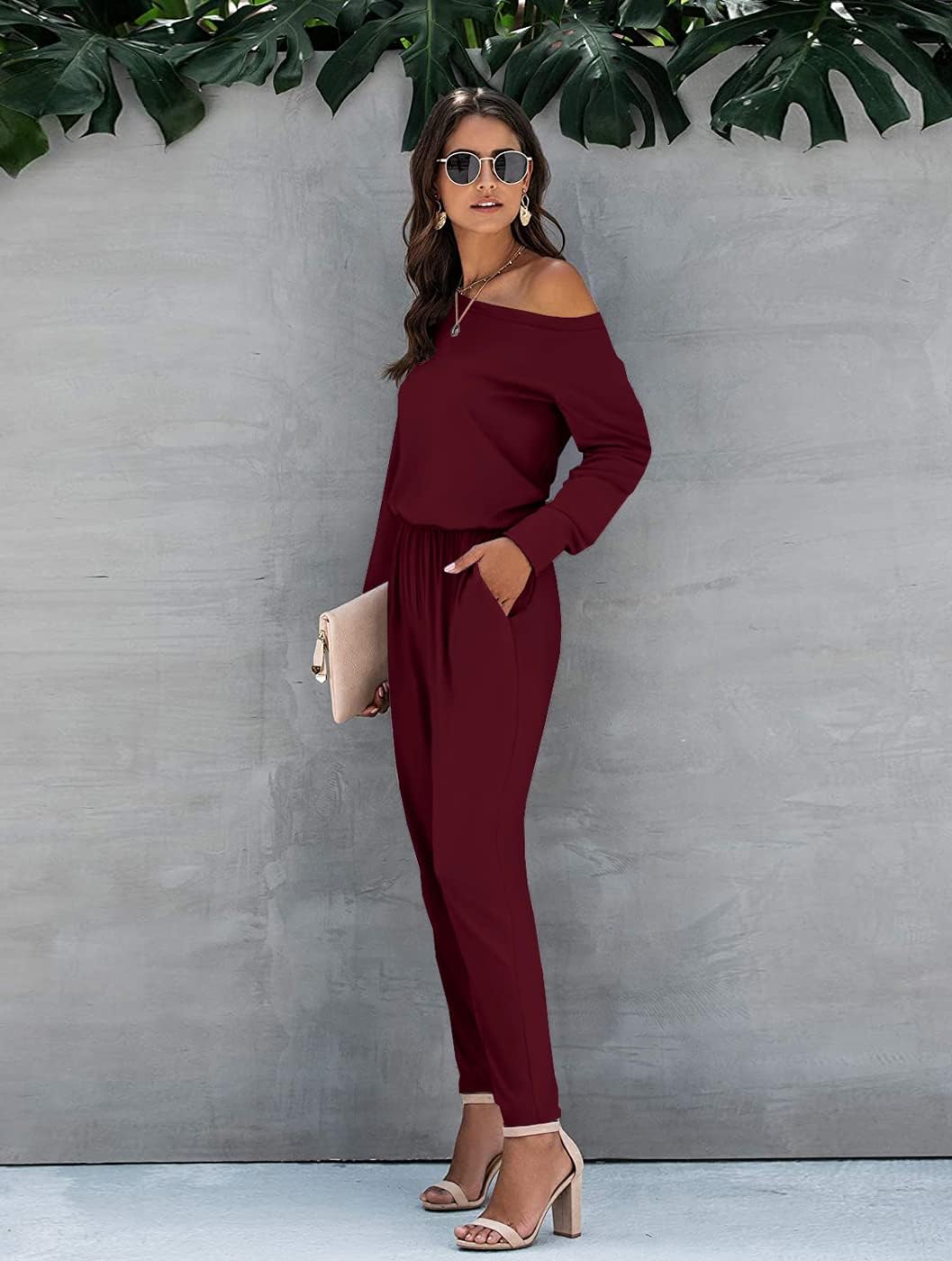 Women Casual Jumpsuits Loose Fit Off Shoulder Long Sleeve Elastic Waist Stretchy Long Rompers Jumpsuit with Pockets - Image 4