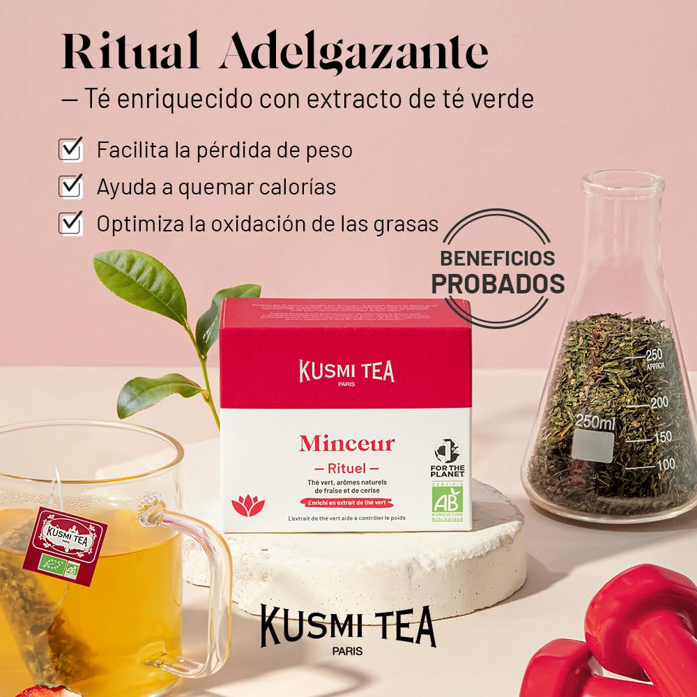 Kusmi Tea - Ritual Adelgazante - Té Orgánico - Té Adelgazante - Enriquecido con Extracto de Té Verde - Ayuda a Perder Peso - Fresa y Cereza - Lata de Té de 100g - Cantidad para aprox. 50 tazas