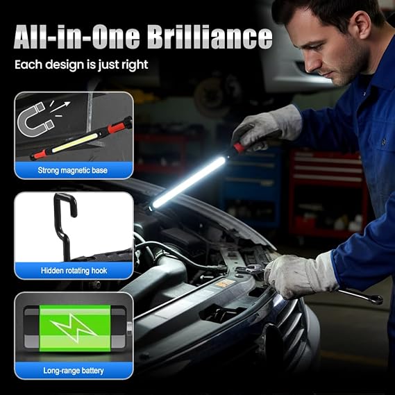 LECDOA 2026 Upgrade Magnetic Work Light, 1200 Lumens Super Bright & Rechargeable LED Under Hood Light, Strong Magnets & 360 Flexible Gooseneck for Car Repair, Garage, Workshop, Emergency Kit (1PCA)