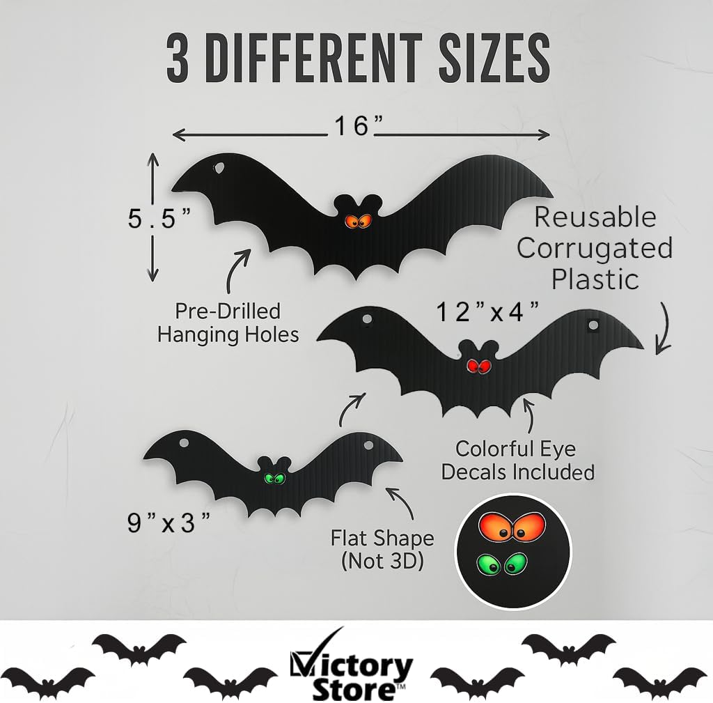 VictoryStore Outdoor Hanging Bat Halloween Yard Decorations, Set of 12 - Waterproof Plastic Hanging Halloween Decorations, Made in USA