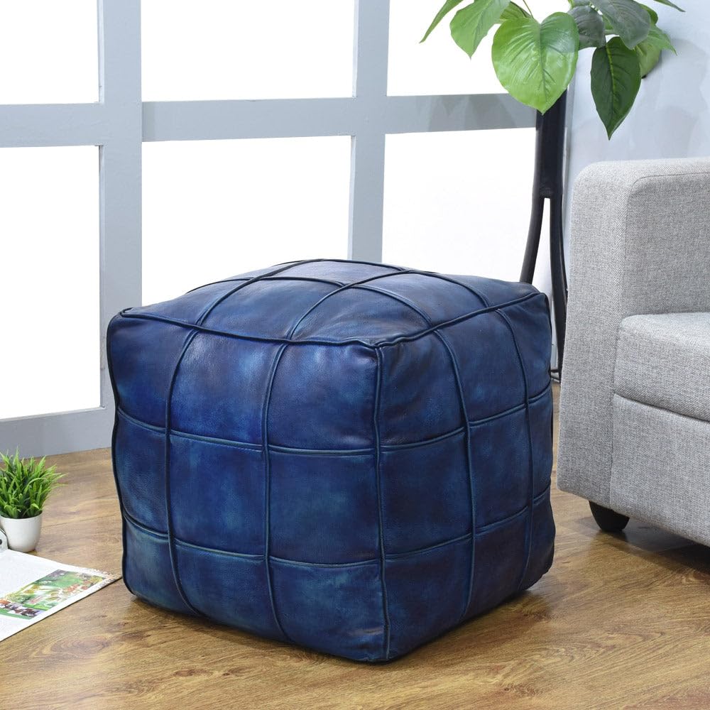 BBHHOMES Handmade Eco-Friendly Geometric Leather Pouf Vintage Blue Color Square 14