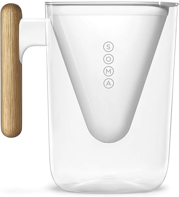 Soma Filter Jug with BPA-Free Shatter-Proof Plastic & Replacement Filter - Filter Pitcher with Eco-Friendly Bamboo Handle - Reduces Chlorine Taste & Odour - Filters Contaminants - 6-Cup/1.3L, White