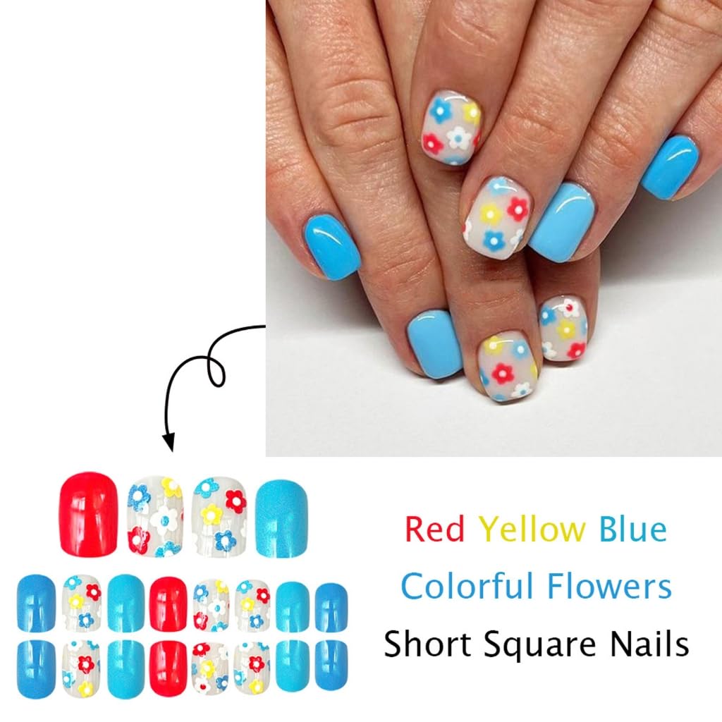 24x Glossy Full Covers Stick on Nails Flowers Color Artificial Nails Short Square False Nails