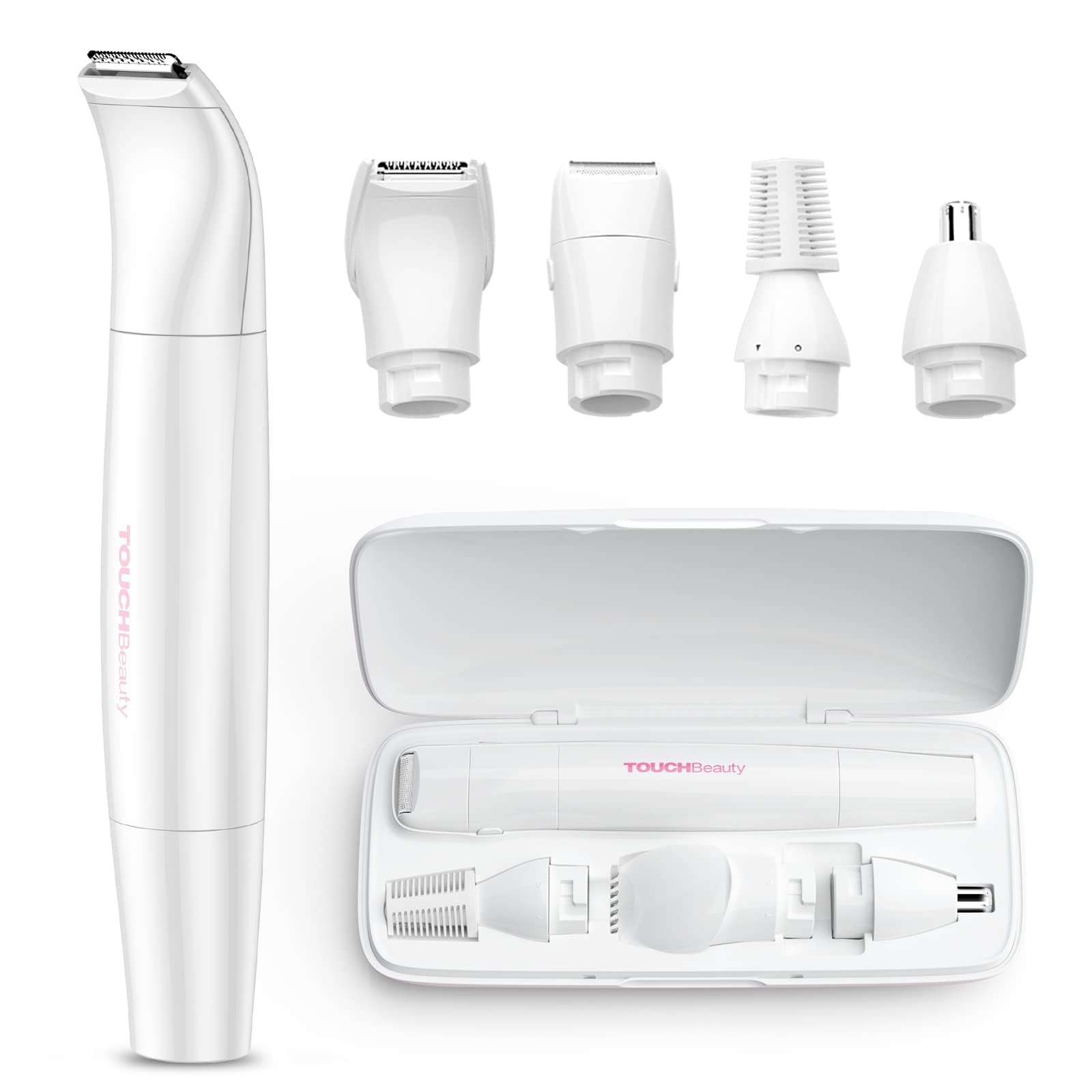 TOUCHBeauty Afeitadora eléctrica para mujer, kit de depiladoras eléctricas 4 en 1 para mujeres, recortadora eléctrica facial y corporal para cara, nariz, pelo, cejas, bikini, inalámbrica con estuche p