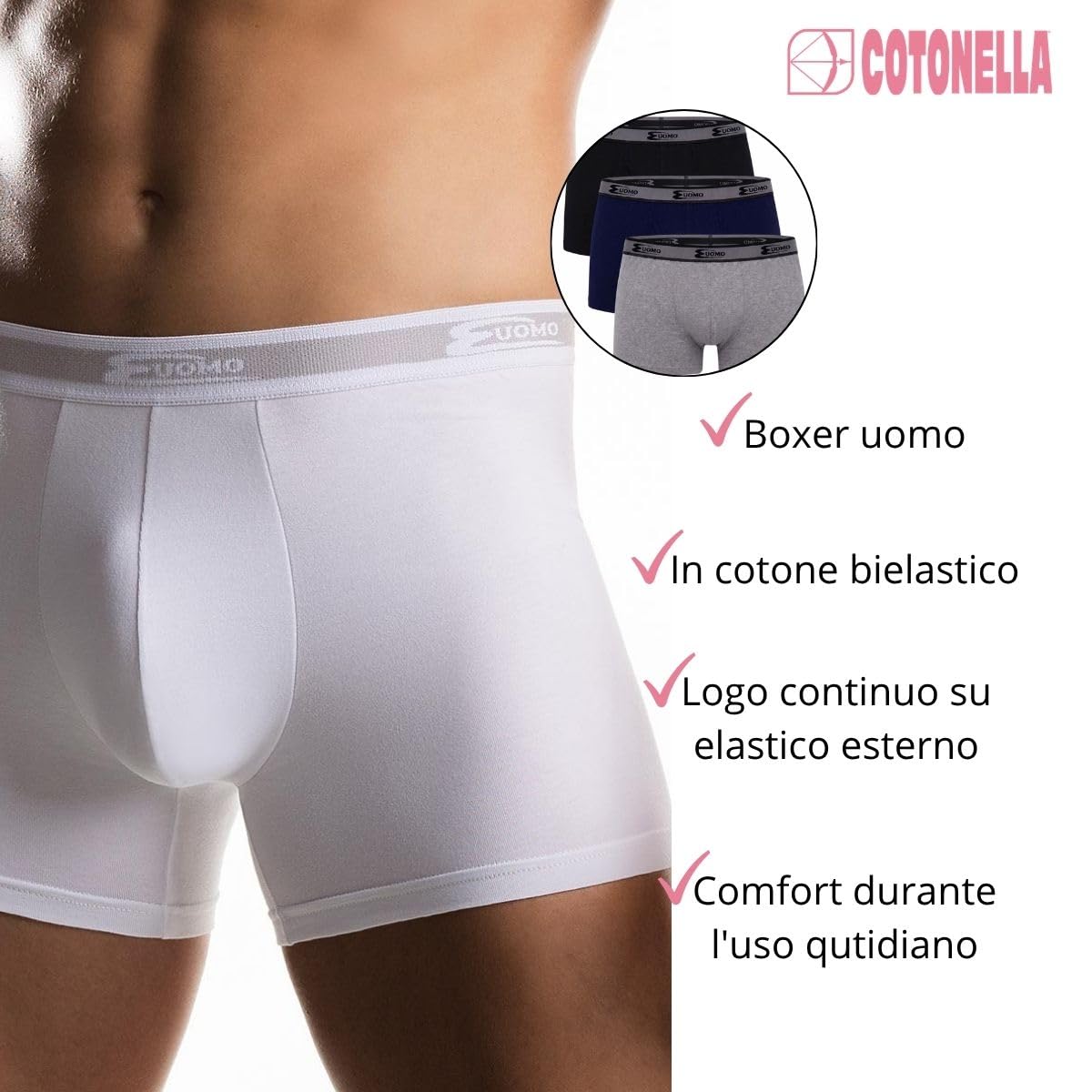 Cotonella, (Pacco da 6 Boxer Uomo in Cotone Bielastico, Elastico Esterno, Tinta unta, Essentials Intimo Uomo