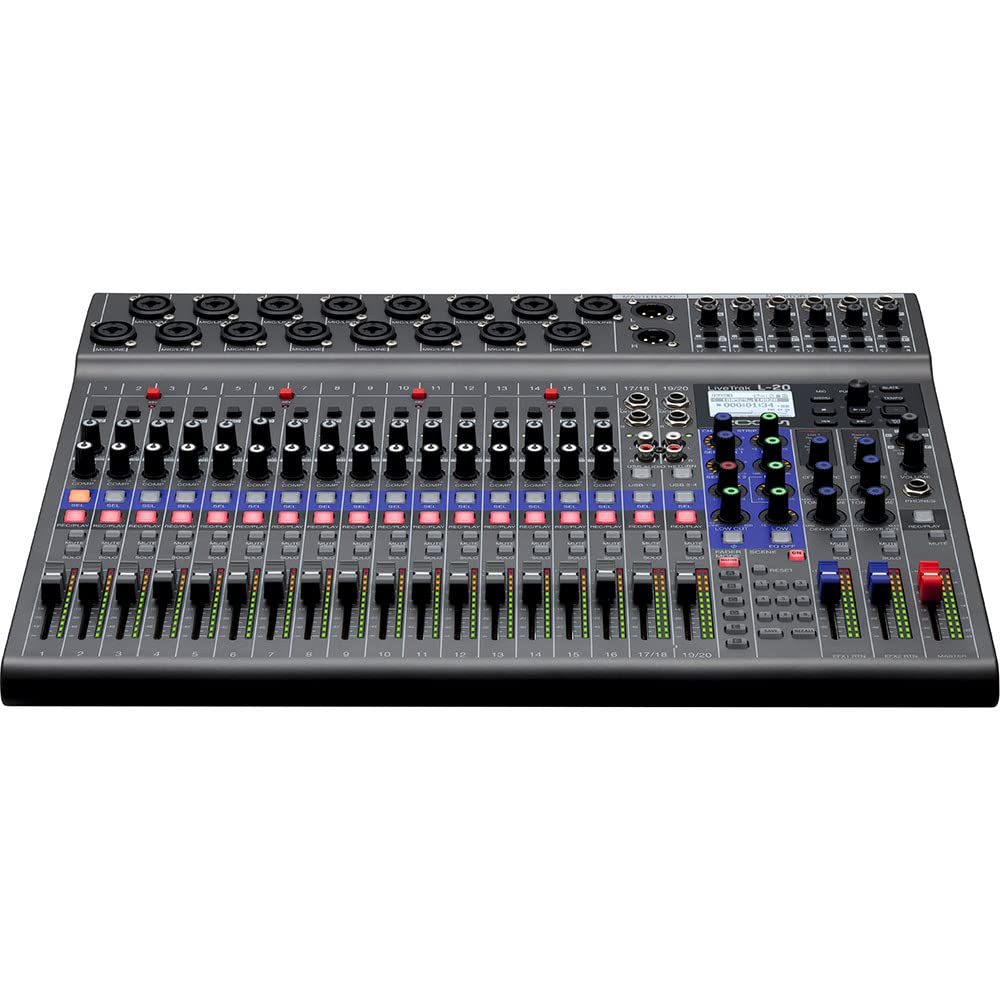 Zoom LiveTrak L-20 Console de mixage 20 entrées, enregistreur multipiste 22 canaux sur carte SD, interface audio USB 22 entrées/4 sorties, 6 sorties casque indépendantes, télécomande Bluetooth (iOS)