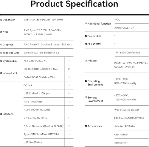 Miniatura 9 de Beelink Mini PC, AMD Ryzen 7 5700U (8C16T, hasta 4.3 GHz), 16 GB DDR4 RAM 500 GB PCIe3.0 x4 SSD, SER5 Pro Mini computadora de escritorio 4K Triple