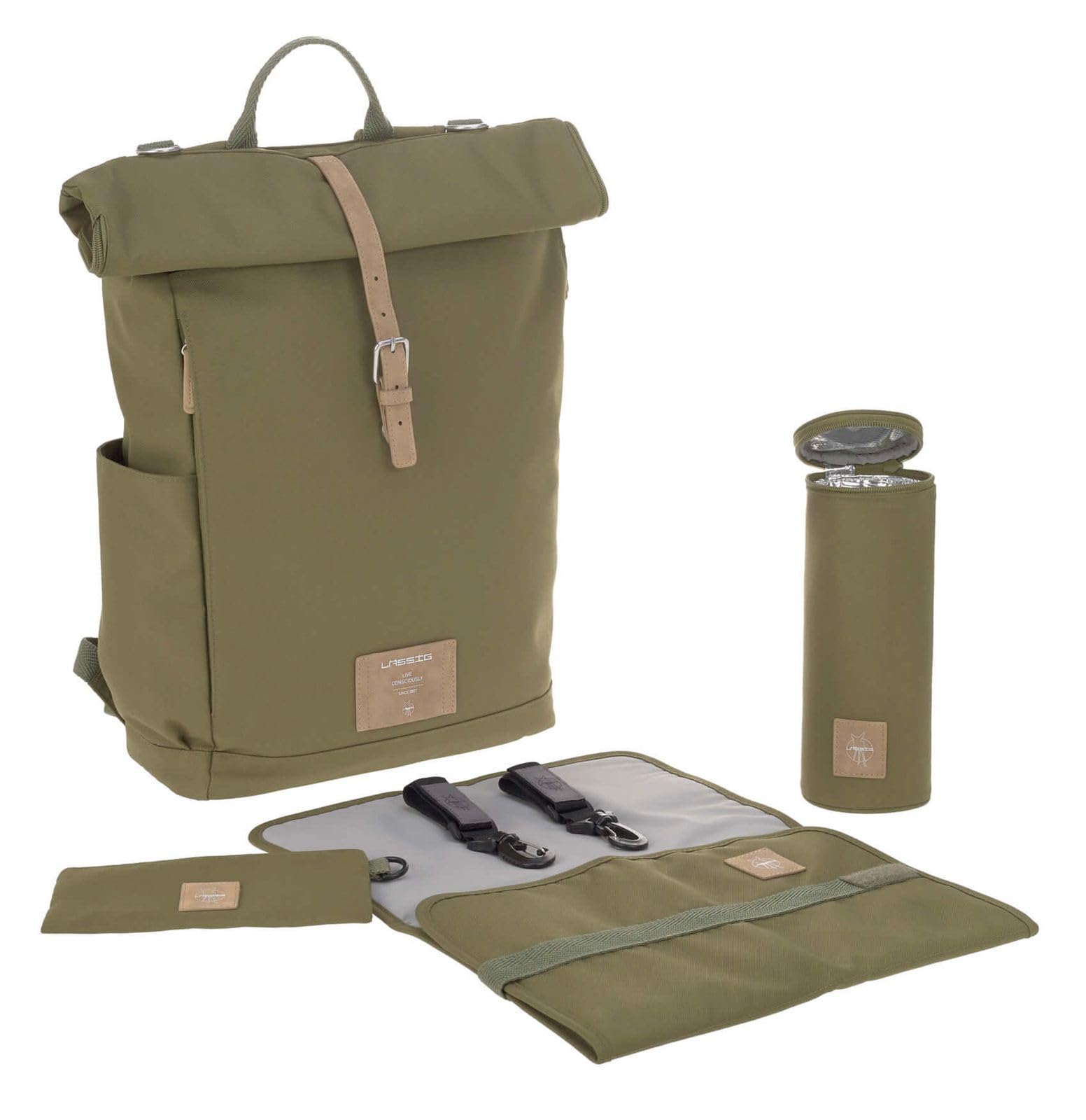 LÄSSIG Baby changing backpack with changing mat, pram attachment, bottle warmer water-repellent sustainably produced/Rolltop Backpack olive