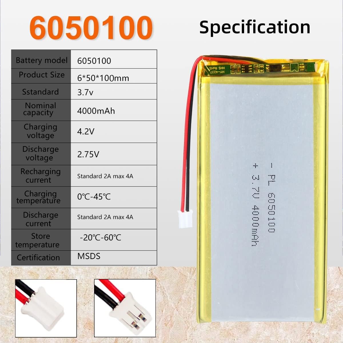 Table of specifications for the 6050100 battery, including dimensions, voltage, and capacity.