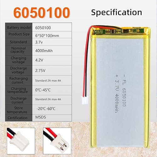 Miniatura 4 de Batería recargable de iones de polímero de litio de 3.7V 4000mAh 6050100 Lipo con conector PH2.0.000 in JST