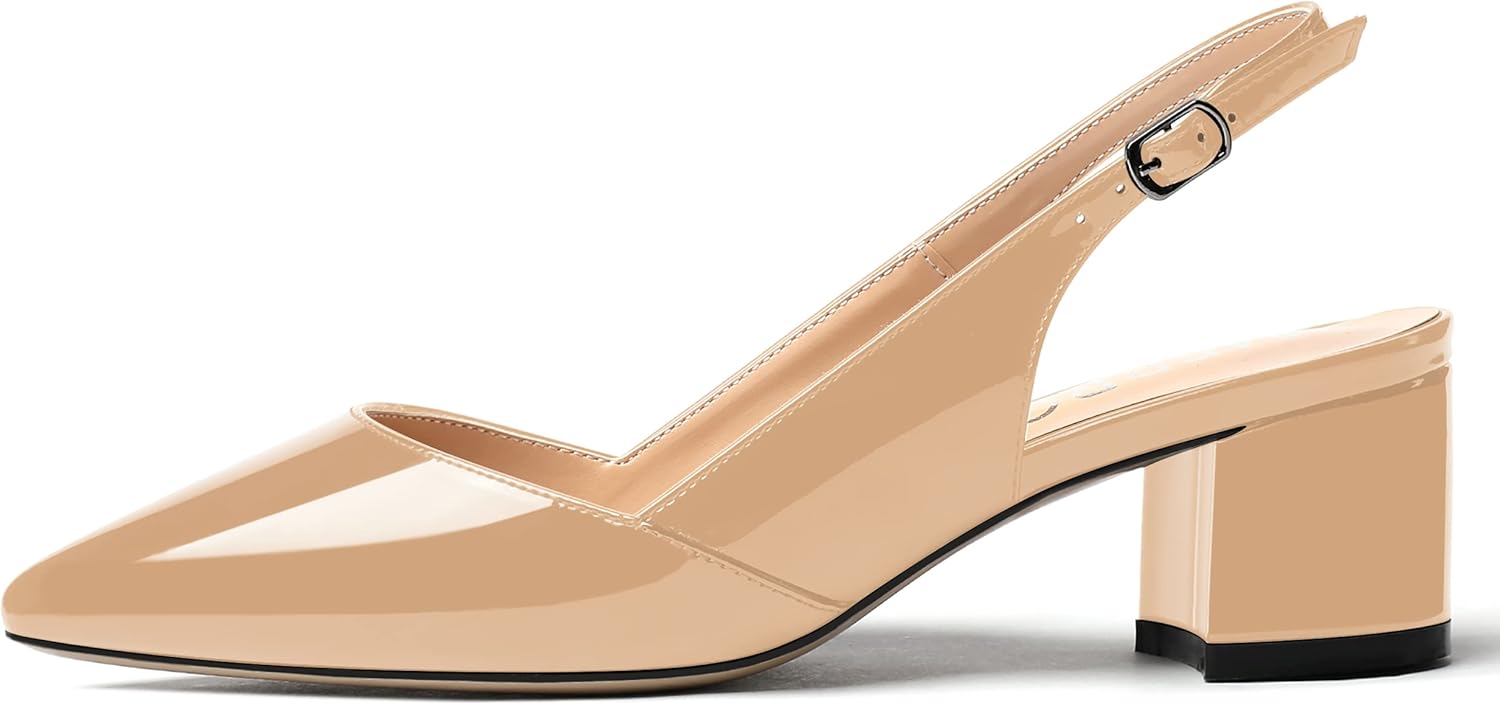 MERRORI Women's Solid Block Pointed Toe Slingback Buckle Patent Chunky Low Heel Pumps Shoes 2 Inch