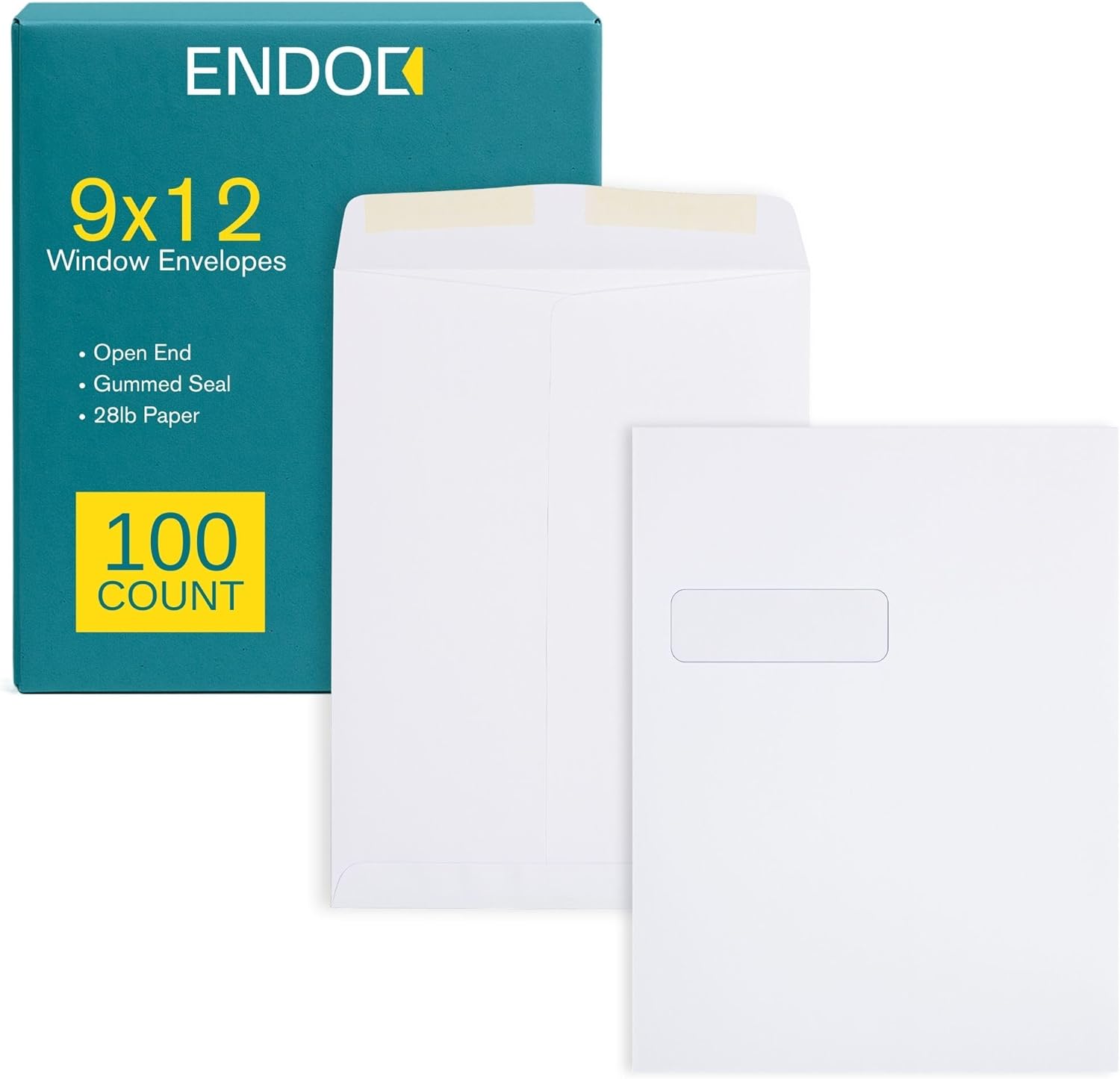 EnDoc 9x12 Window Envelopes Open End, Gummed Closure, Clear Address Window, Large Catalog Envelopes for Business Mailing, Documents & Reports, 100 Pack, White 28 lb Paper