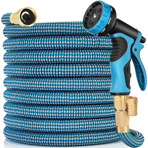 Expandable Garden Hose 100 ft with 10 Function Nozzle Sprayer, Lightweight Flexible Water Hose with Durable Collapsible Latex Core & Solid Brass Fittings, 100ft Retractable Stretch Hose, Blue & White