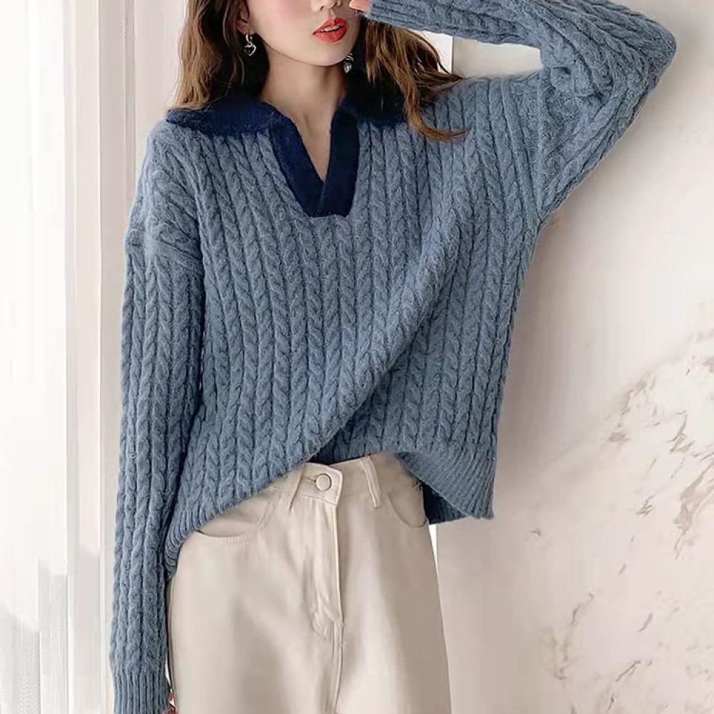 Pulls Tricot Femme,Pull Femme Laine Sentiment Pull Tricoté Bleu Chunky Diamant Câble Pull Détendu Tout Match Pull Pull Mode Cadeau pour Petite Amie Fête des Mères
