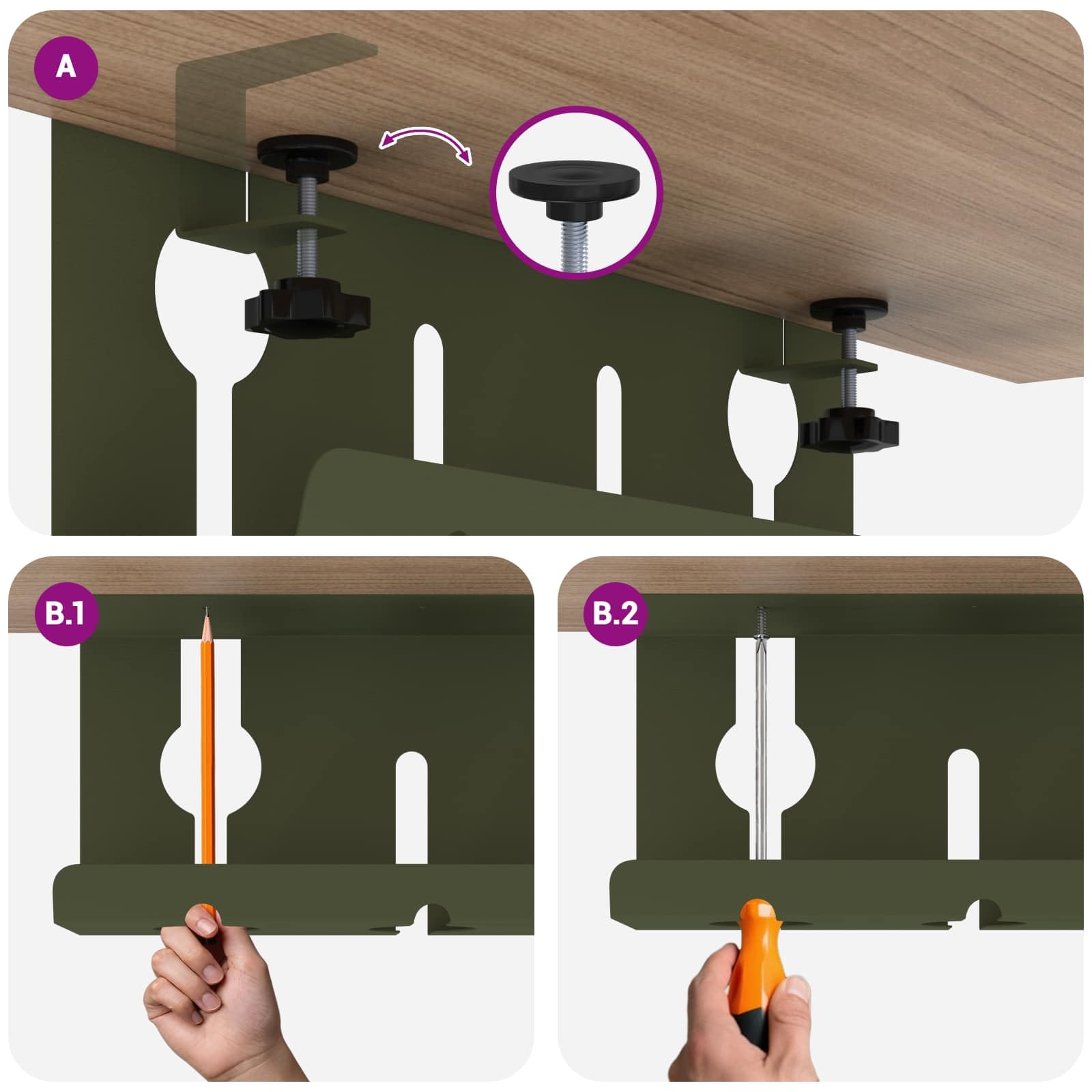 Kabelmanagement Tray Set 2 Stück in Olivgrün für Schreibtisch, Kabelkanal Organizer, Kabelbox und Halter, platzsparend, mit Klemm- und Schraubbefestigung, kompatibel mit Büro, Gaming