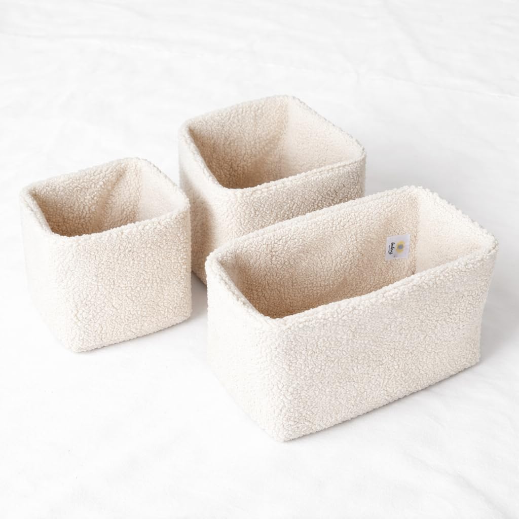Aufbewahrungskorb Wickeltisch Baby, Körbchen Set 3 Stück, Organizer Wickelkommode, Utensilo Aufbewahrungsbox Badezimmer (BOUCLE_CREME)