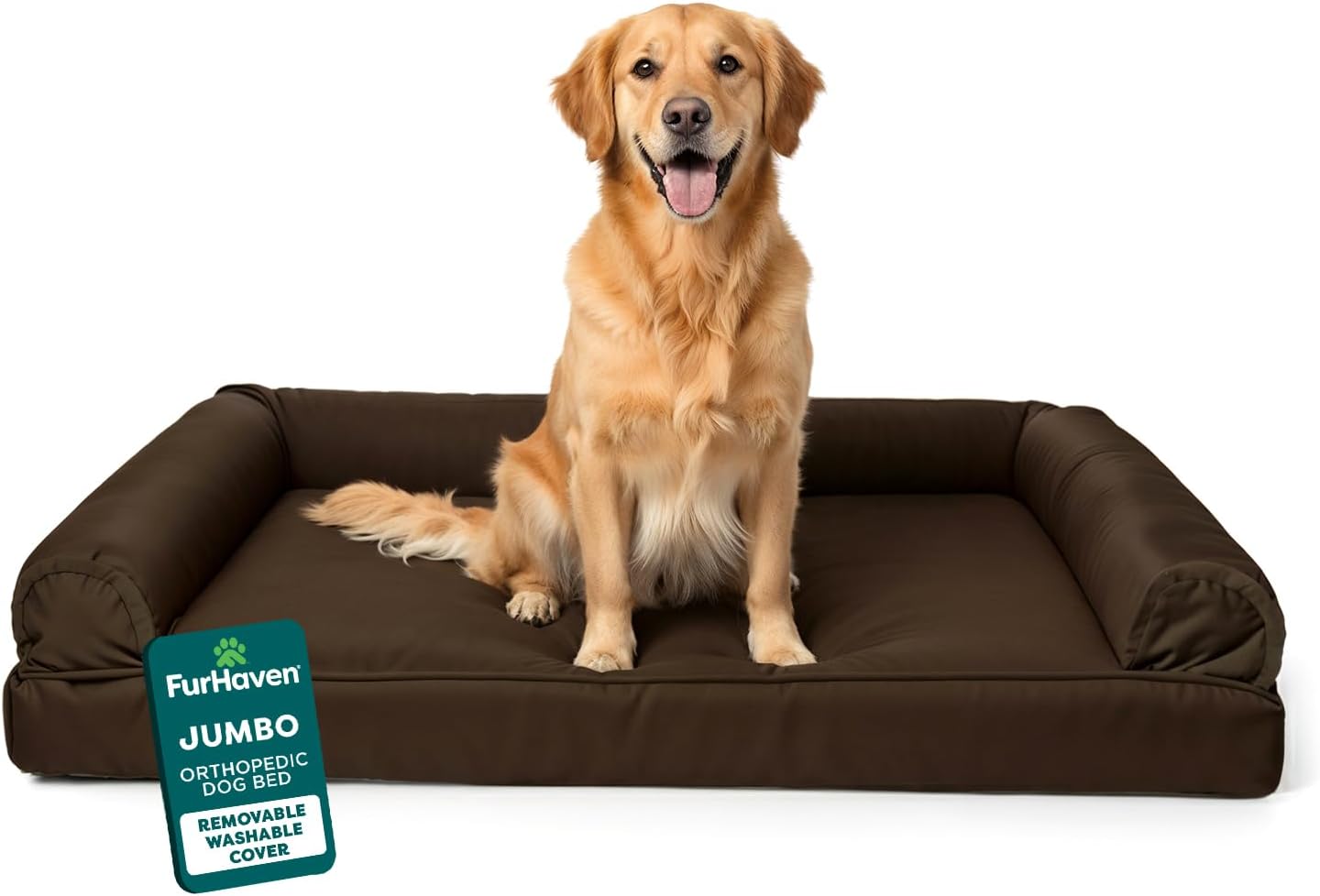 Furhaven Orthopedic Dog Bed for Large Dogs w/ Removable Bolsters & Washable Cover, For Dogs Up to 95 lbs – Plush & Suede Sofa – Espresso, Jumbo/XL