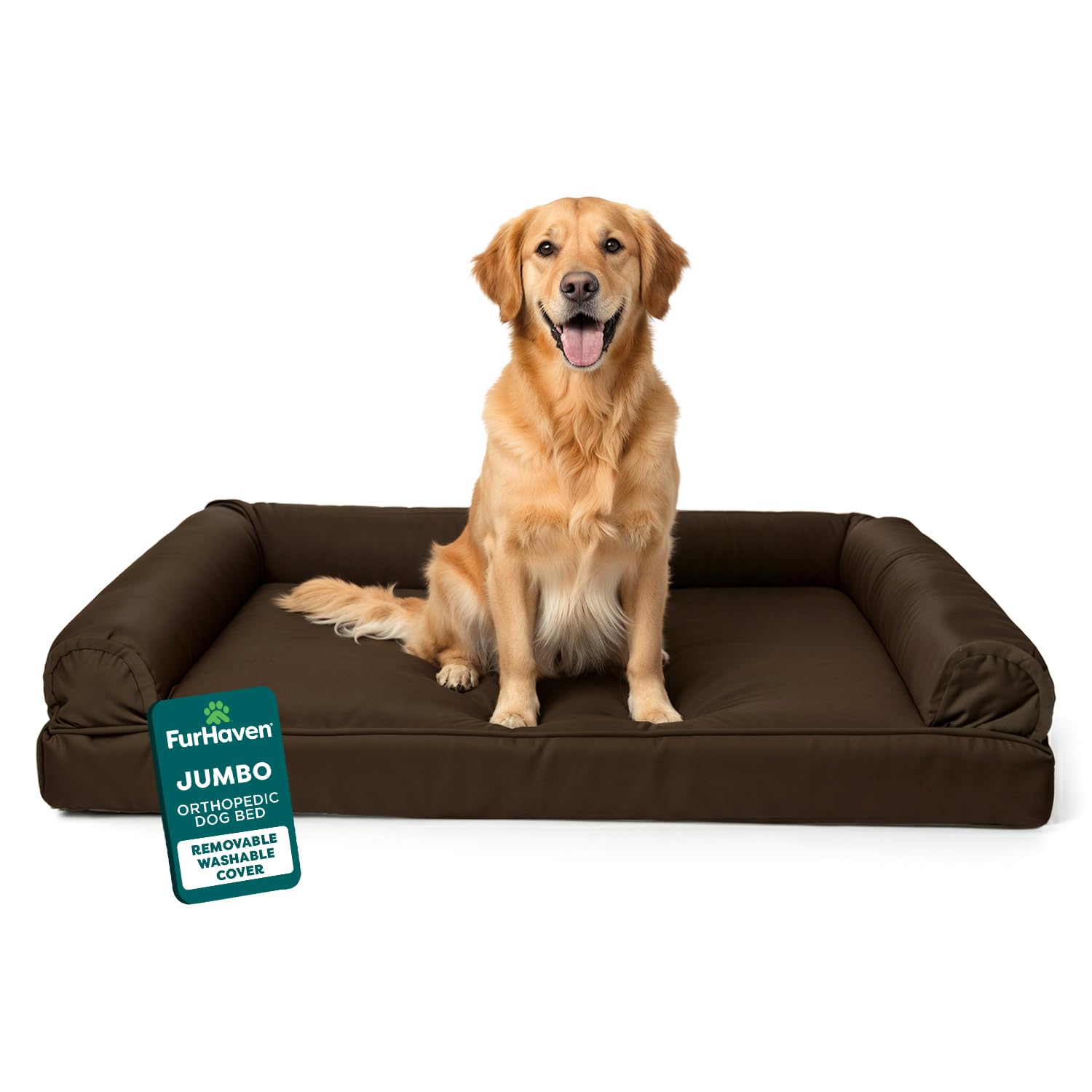 Furhaven Orthopedic Dog Bed for Large Dogs w/ Removable Bolsters & Washable Cover, For Dogs Up to 95 lbs - Plush & Suede Sofa - Espresso, Jumbo/XL