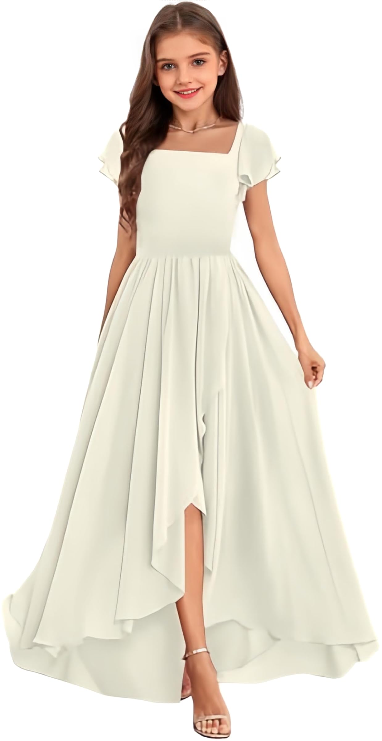 Plakend Ruffle Sleeves Junior Bridesmaid Dresses Long Chiffon High Low A-Line Flower Girl Dress for Girls