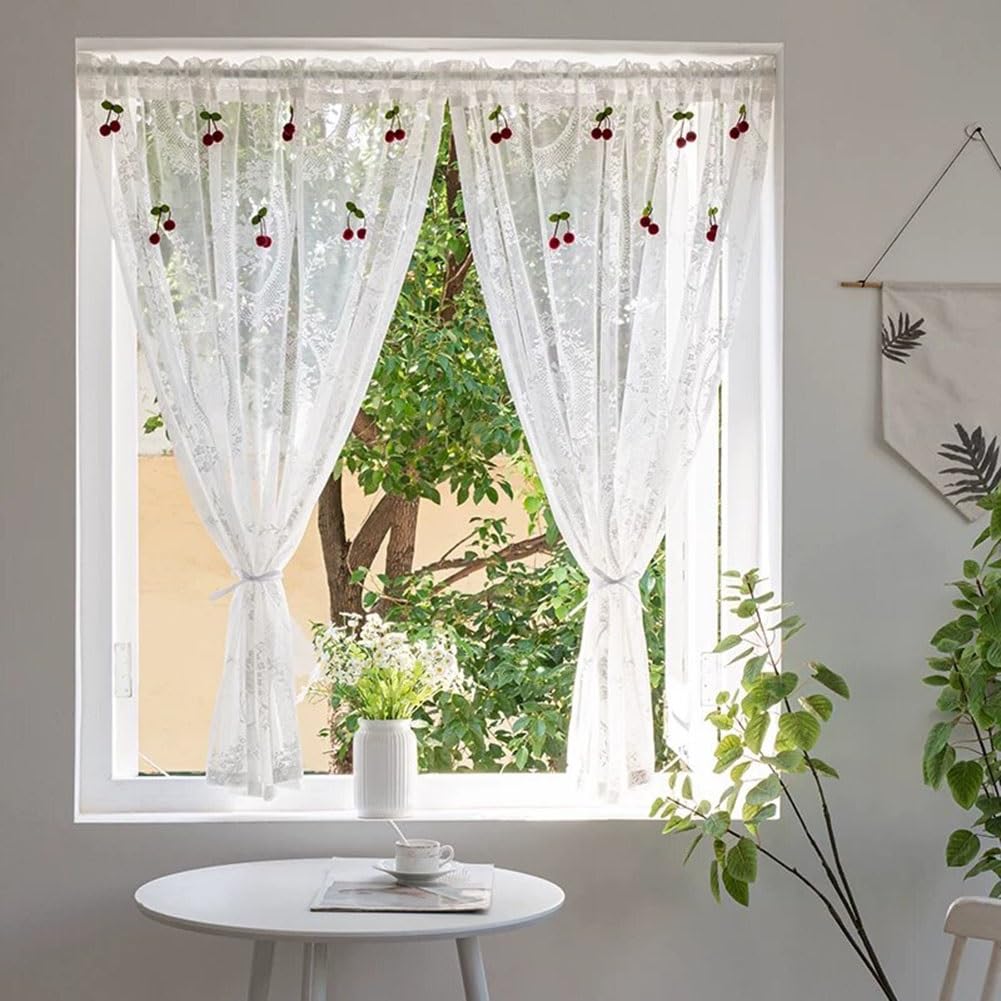 2 Pièces Rideaux Transparents en Dentelle Blanc, Motif Floral Rococo Français Rideaux Fenêtre en Voile Salon avec Cerise Passe-Tringle pour Balcon(W200xH200cm/79x79inch)