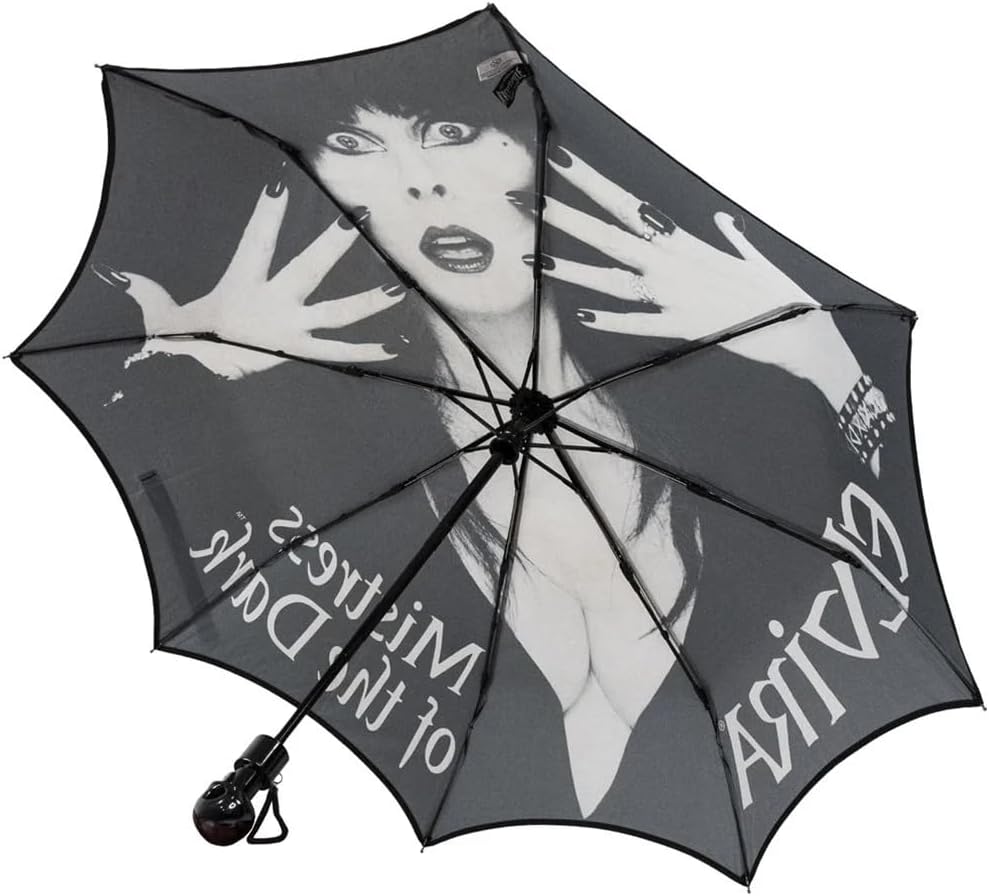 kreepsville 666 Elvira Mistress of the Dark Classic Logo Skull Handle Umbrella- Gothic Folding Compact Automatic
