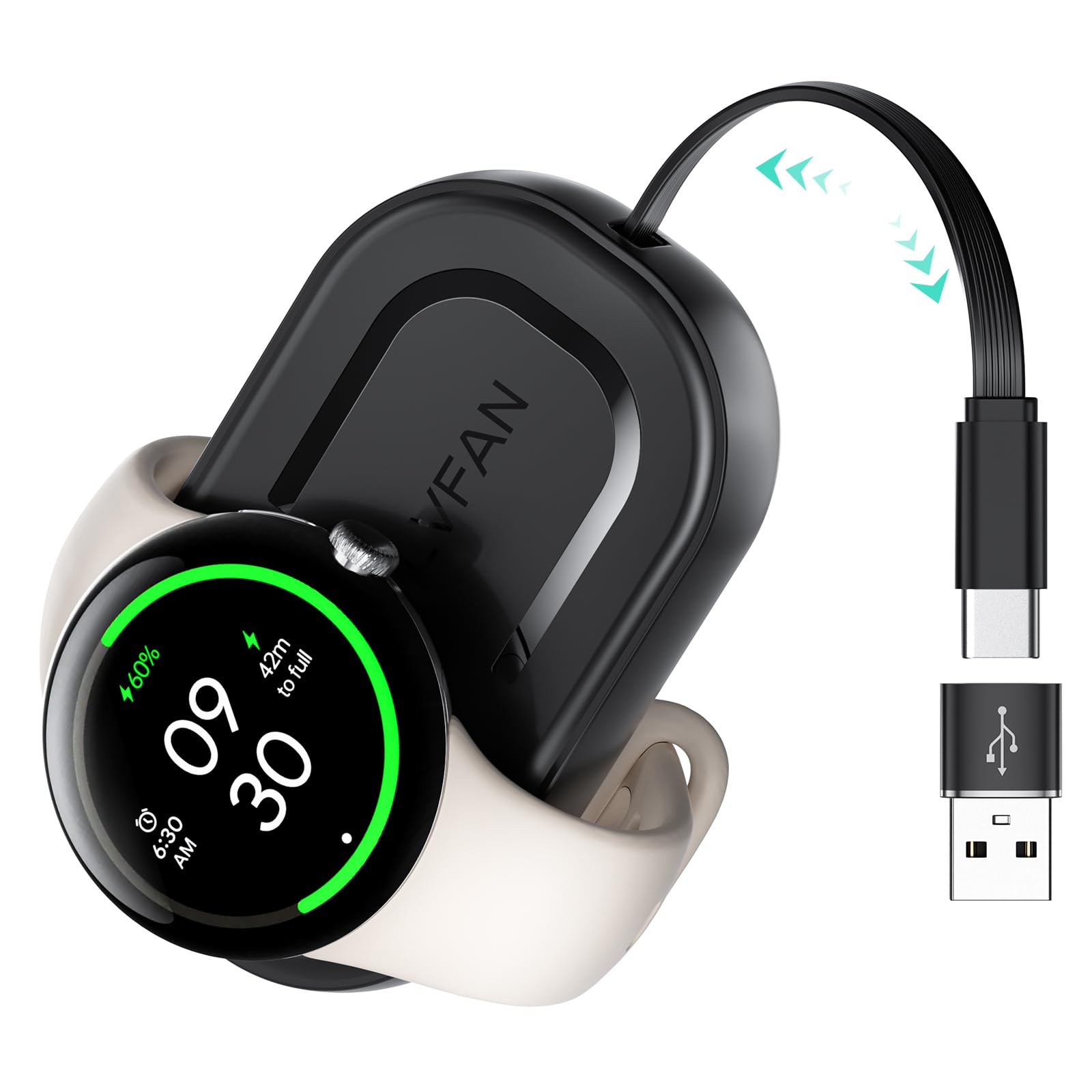 LVFAN Charger for Pixel Watch 3 2 & Fitbit Sense/Versa, Retractable USB C & USB A Charging Cable Replacement Accessories, Charger Stand for Google Pixel Watch 3 2 & Fitbit Versa 4 3 / Sense 2 / Sense