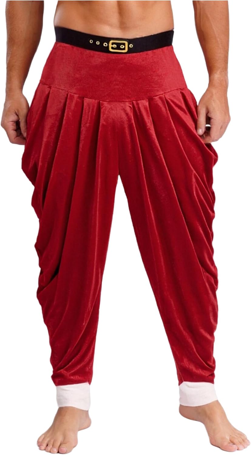 Men's Christmas Holiday Costume Pants Santa Claus Red Xmas Trousers Thermal Velvet Long Pants