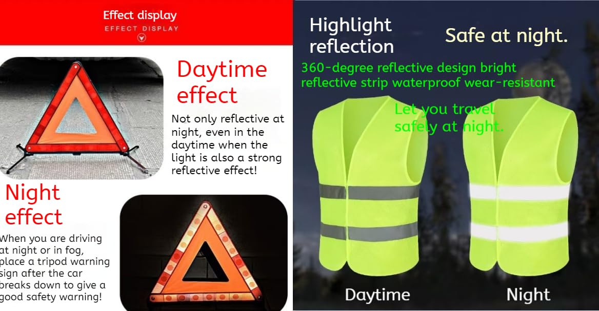 Triangle 6 en 1 et Gilet Jaune pour Voiture, Triangle de Voiture, Triangle de signalisation réfléchissant 360 degrés, Gilet de signalisation, Triangle Pliable