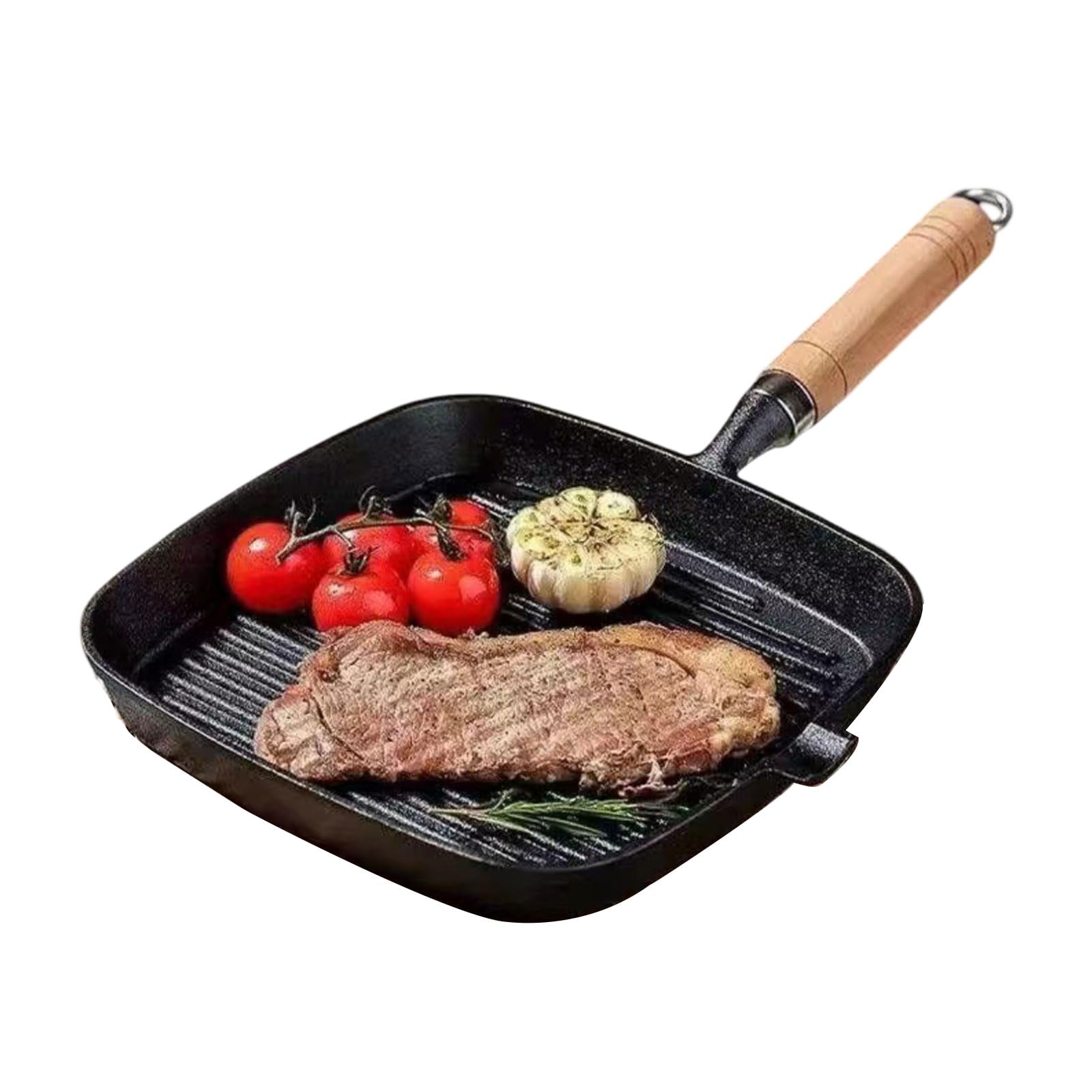 Kwadratowa żeliwna patelnia grillowa z wylewkami i drewnianym uchwytem do gotowania steków, warzyw, idealne naczynia do grillowania, 22 cm