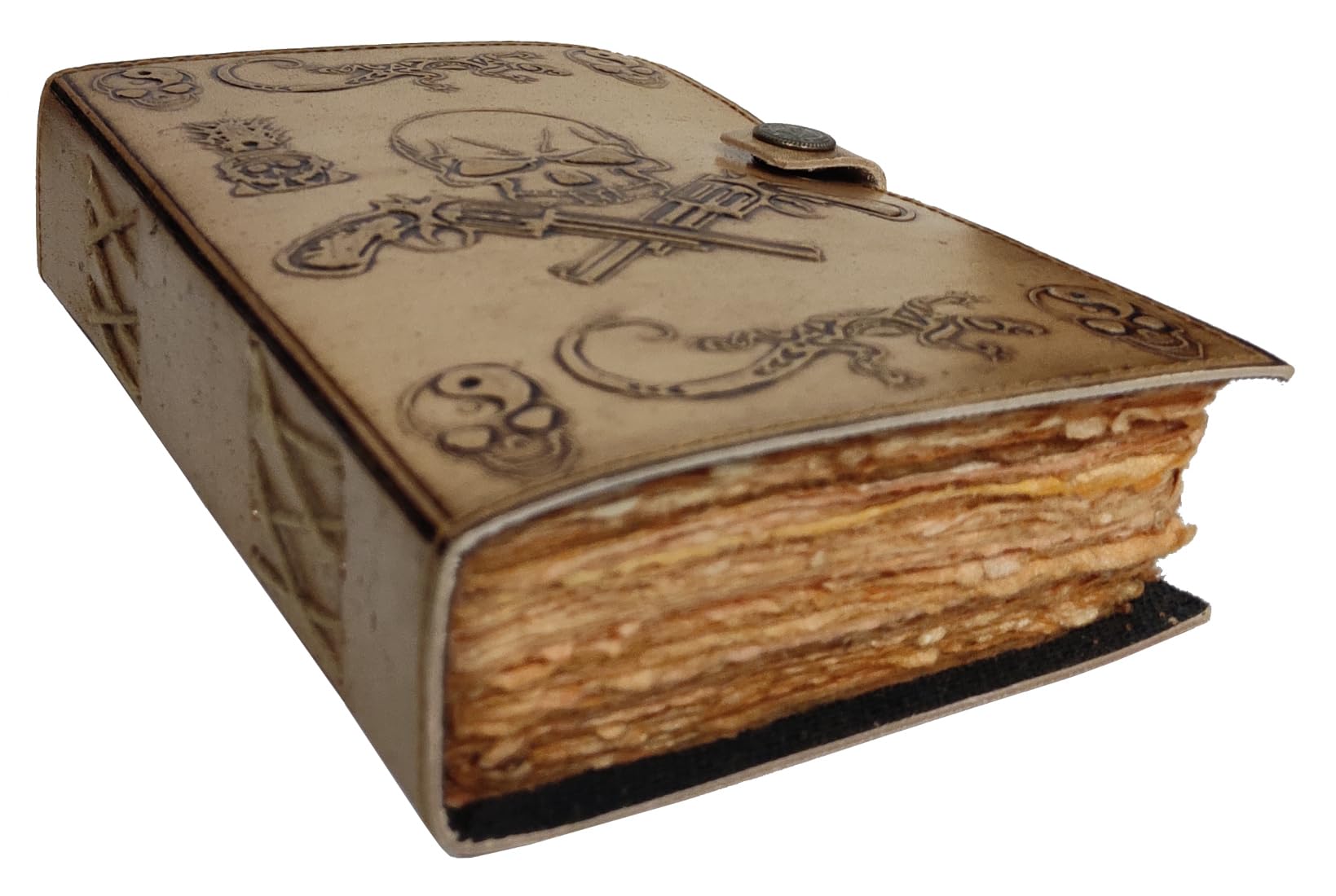 Purpledip Leather Diary Journal With Emboss Design 'Guns & Skull' Handmade Tree-Free Cotton Paper With Deckled Edges In Antique Finish, Vintage Lock, 7*5 Inches, 188 Pages, Eco Friendly Gift (12728)