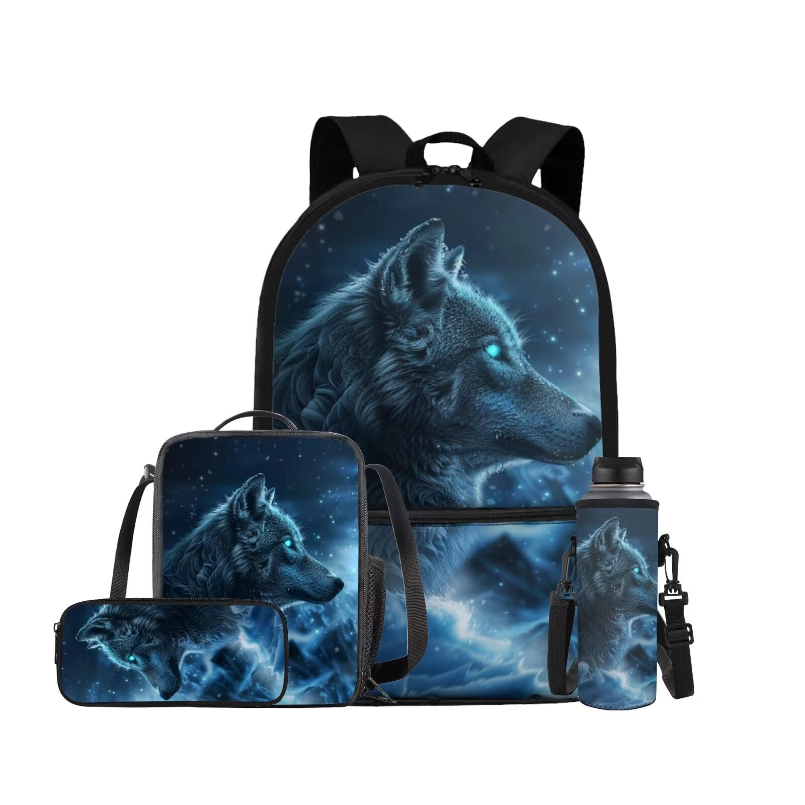 ELEDIZI Galaxy Wolf Backpack for Girls Boys Backpack with Lunch Box Water Bottle Pouch and Big Pencil Pouch 4PCS Set Sturdy Bookbag with Front Pocket