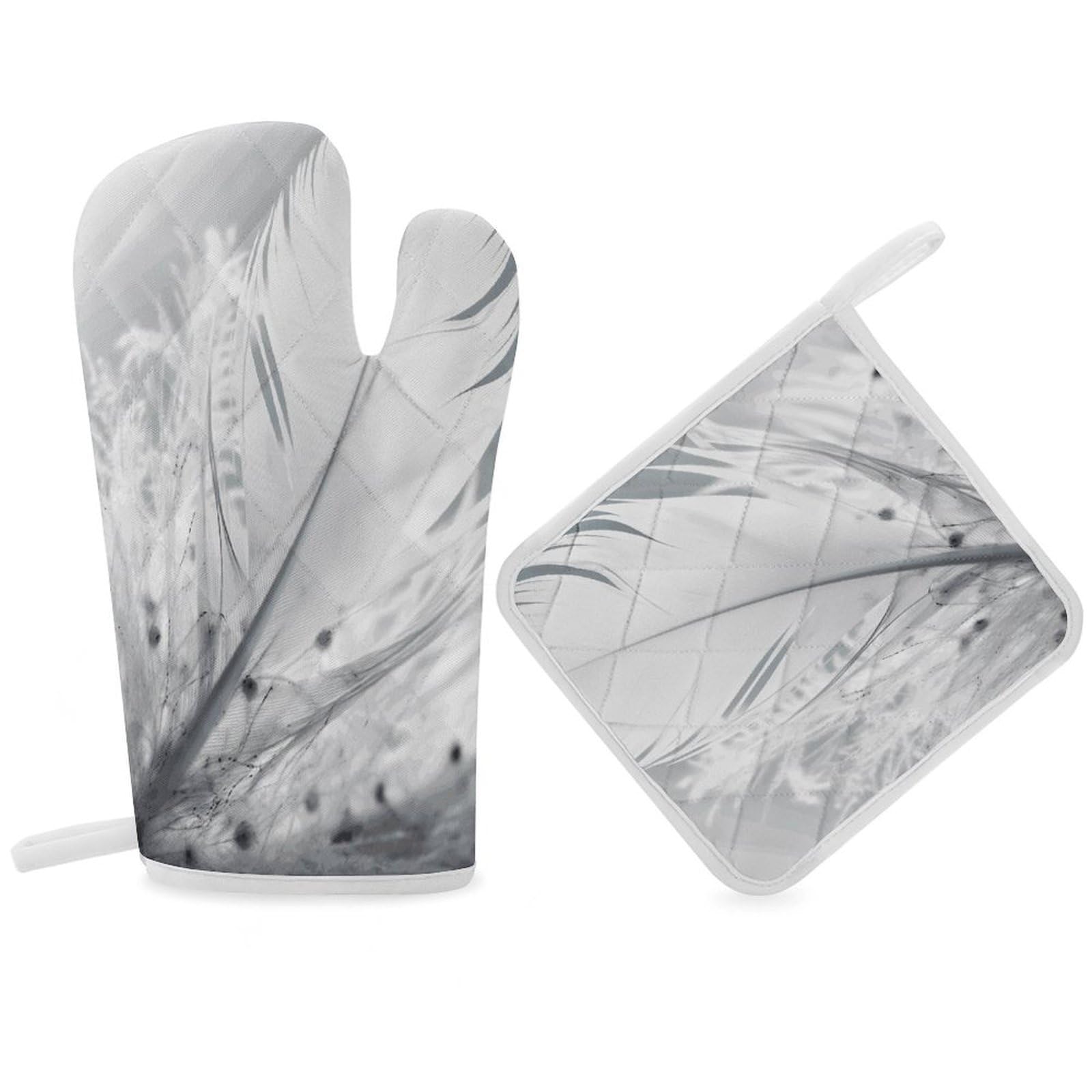 Fodpand Women's Style Fluttering White Feathers Oven Mitts And Pot Holders Sets,Oven Gloves For Kitchen Oven Mitts And Potholders For Baking Cooking Grilling Apartment Essentials