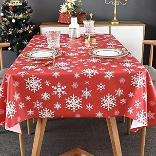 nsu Christmas Table Cloth Wipeable Christmas Tablecloth Xmas Red PVC Plastic Wipe Clean Waterproof Rectangular Table Cover Decoration for Festive New Year Kitchen Picnic (130 x 145 cm)