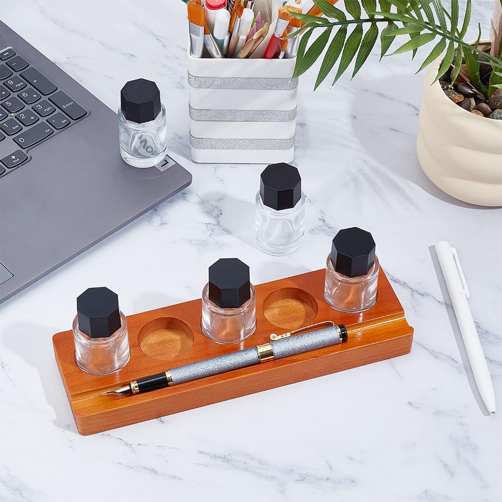 BENECREAT 5-Hole Calligraphy Ink Pot Holder Set, Wood Bottle Organizer Stands & 5Pcs Glass Fountain Pen Ink Bottle15ml/ 0.5oz Decorative Desk Organizer for Office and Home Writing - Image 4