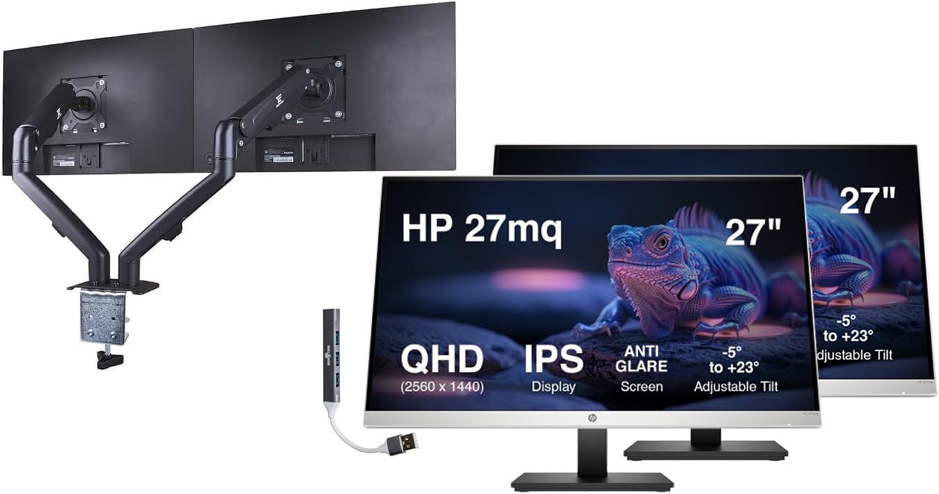 HP 27" QHD IPS Monitor with 5ms Response Time, Anti Glare, Flicker Free, VESA Mount (100 x 100 mm), VGA, HDMI & Dockztorm USB Port Expander, Black/Silver Color