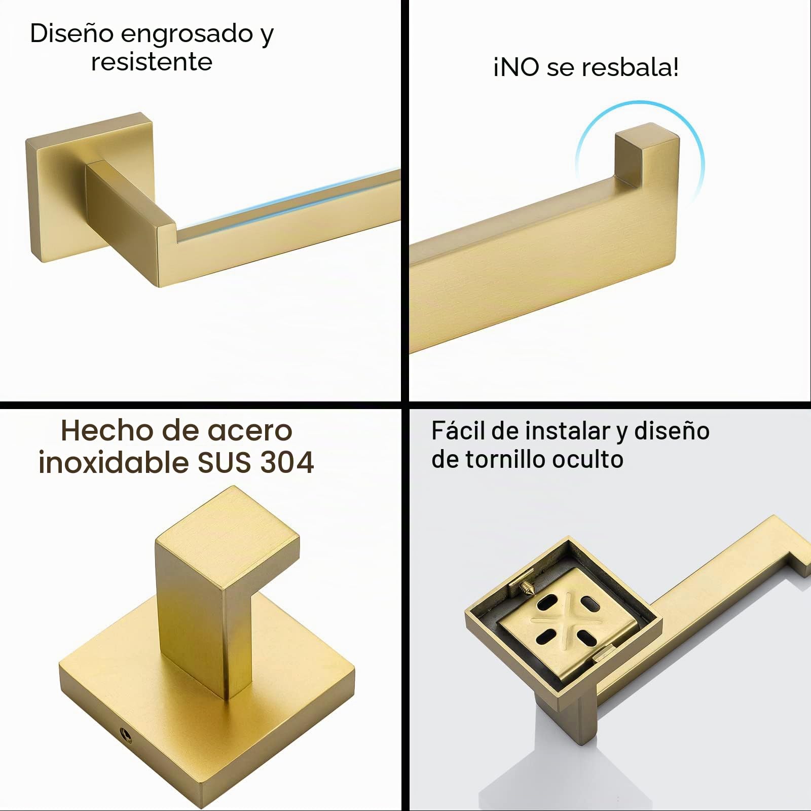 TURS Juego de 4 accesorios de baño de acero inoxidable cuadrado para toallero, montado en la pared, oro cepillado, Q7GD-4PC-60CM
