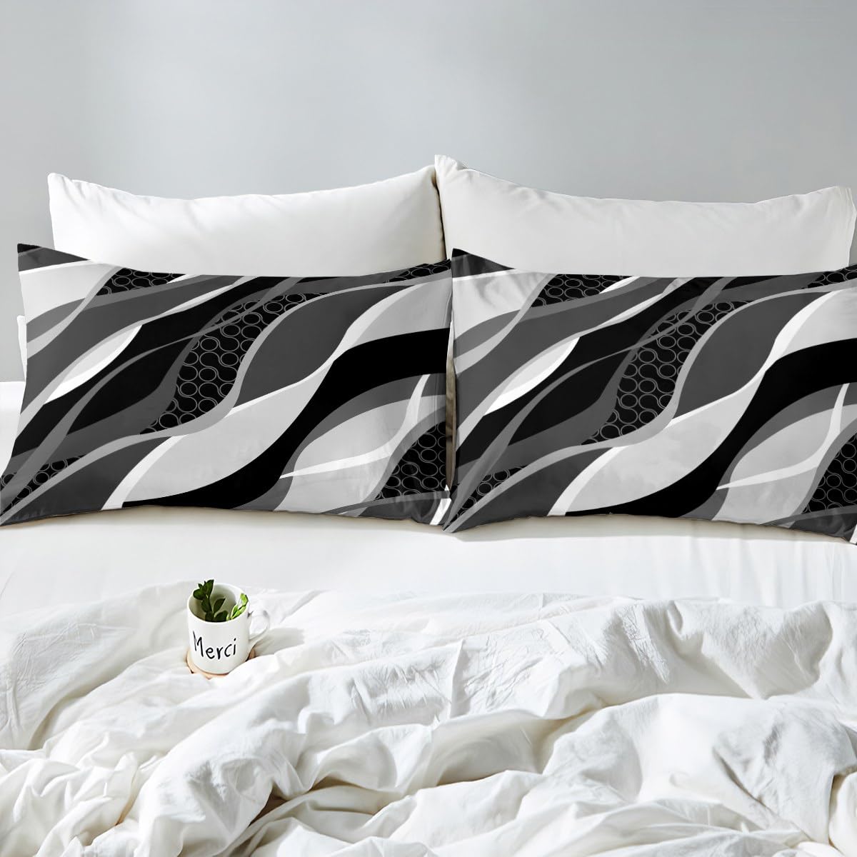 Black Grey Duvet Cover Set Double Size, Abstract Wavy Stripe Circle Comforter Cover with 2 Pillowcases - Image 4