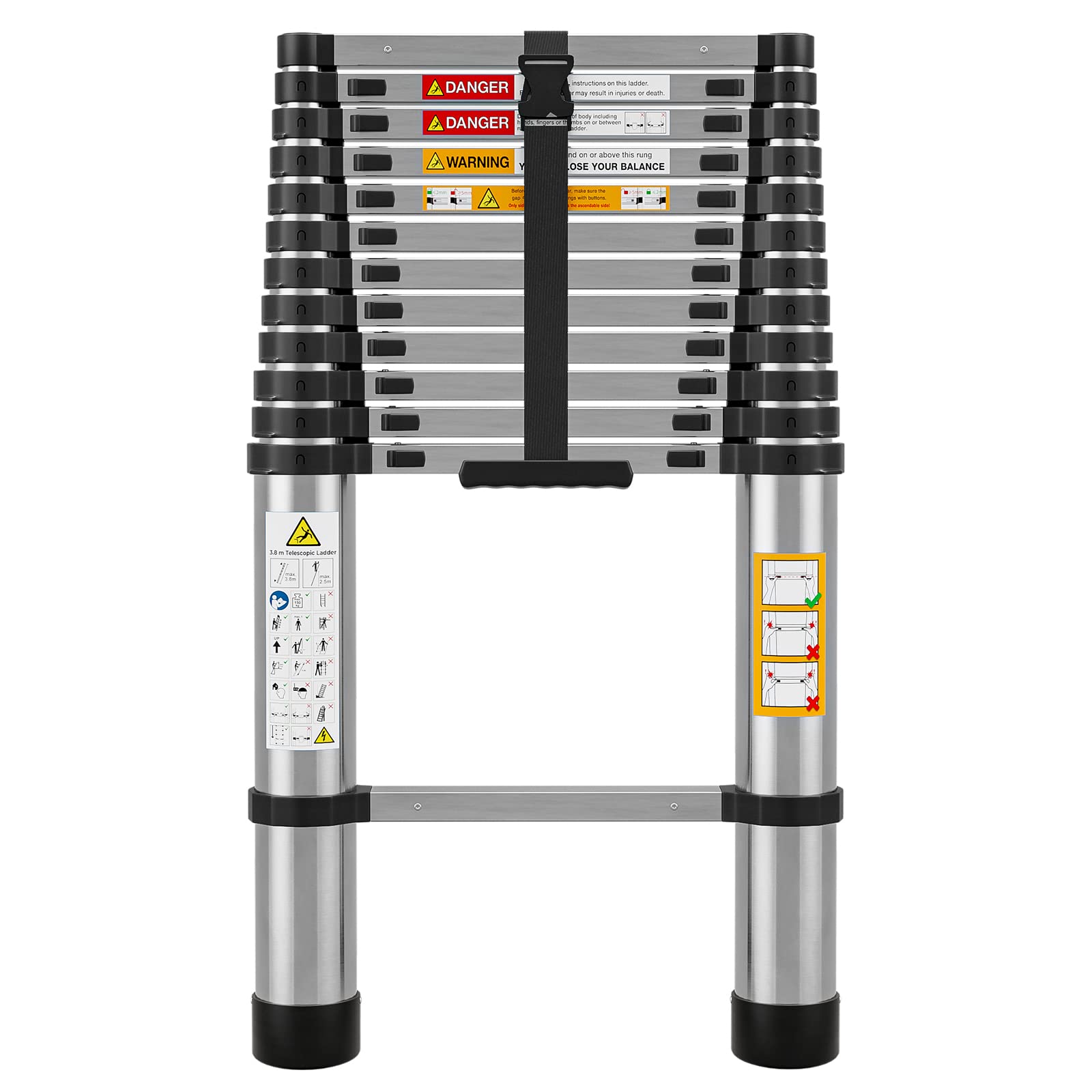 Oarlike 12.5 FT Telescoping Ladder Stainless Steel Telescopic Ladder Easy Retraction Anti-Slip Climb Attic Extendable Ladder with Spring Loaded Locking Mechanism, 330 lbs Capacity