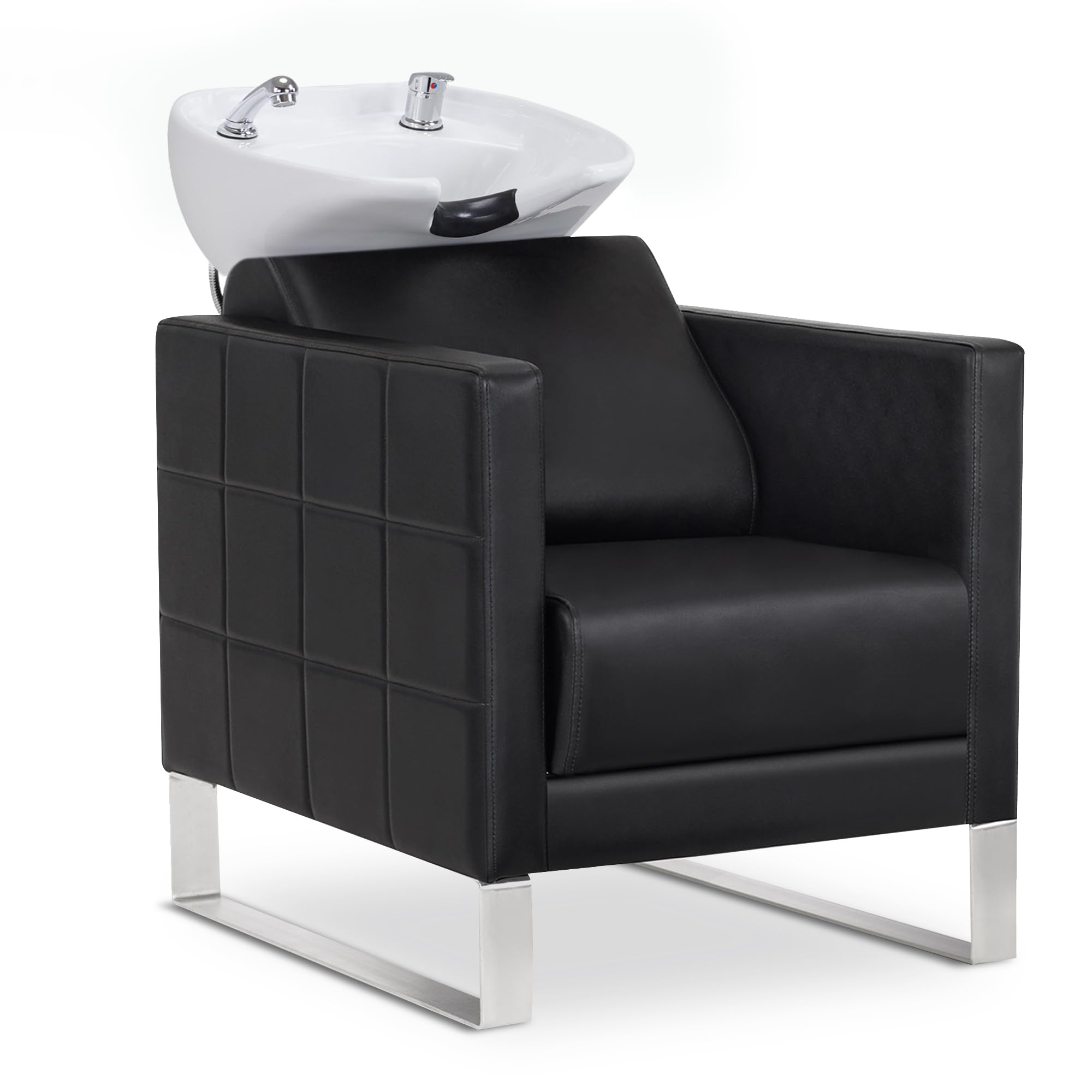 Sedia da barbiere con lavandino in acciaio inox e ceramica regolabile 8611 (Bianco/Finta Pelle)