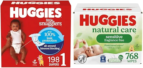 Little Snugglers Bundle: Huggies Little Snugglers Baby Diapers, Size 1 (8-14 lbs), 198 Count & Huggies Natural Care Sensitive Baby Wipes, 768 Count (12 Packs of 64)