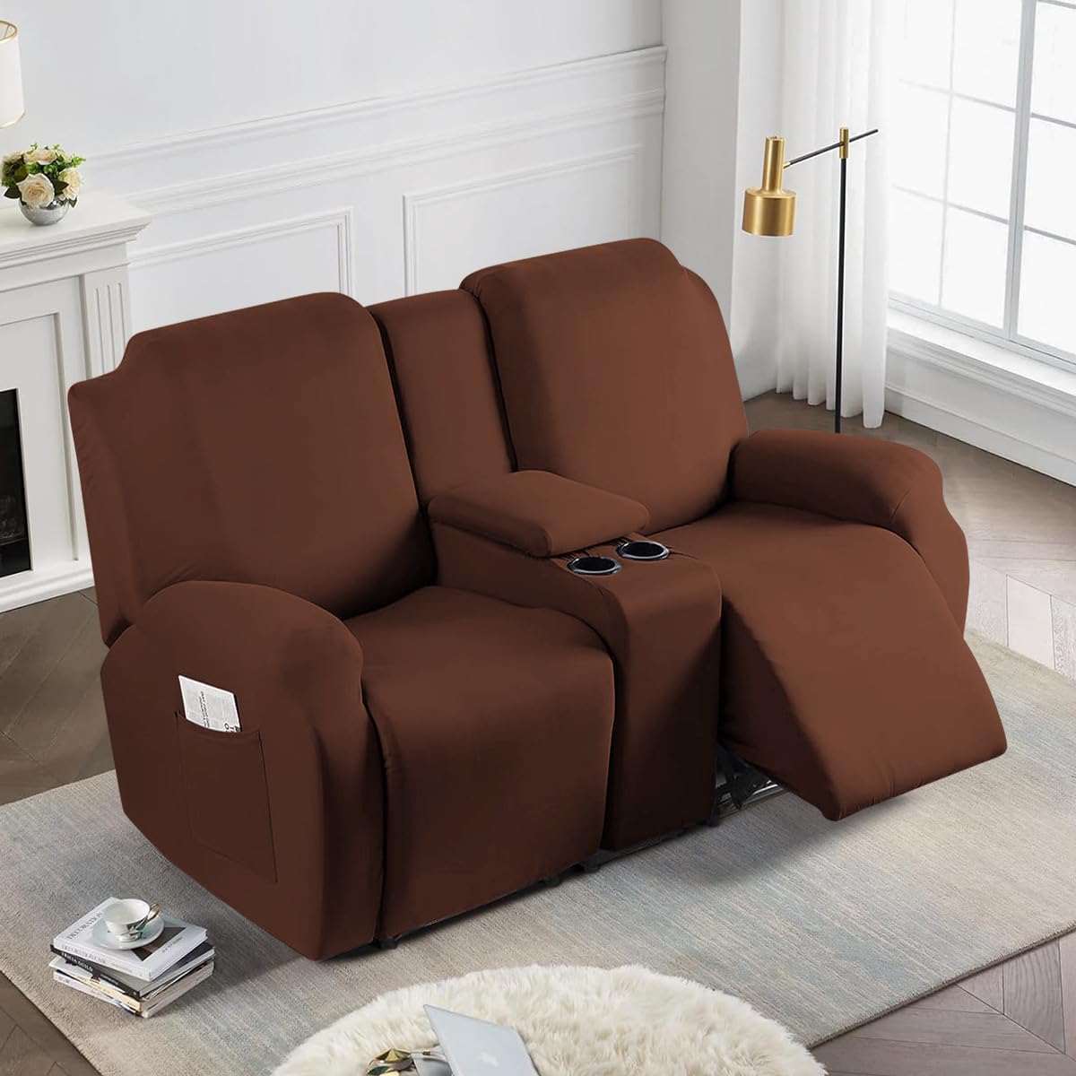 Funda elástica de seda de leche para sillones reclinables dobles en salones familiares
