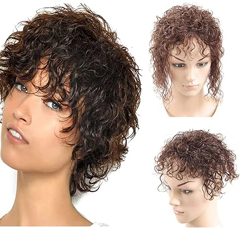 Extensiones de cabello humano real con clip con flequillo, 6 x 7 pulgadas, rizado tipo tupé, peluca para mujeres con cabello delgado, 7 pulgadas,