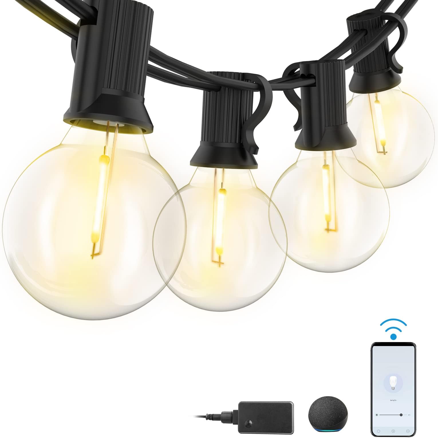 ANTING Smart Outdoor String Lights 100FT Waterproof Patio Lights with 50+2 Dimmable Plastic Bulbs,2.4GHz Wi-Fi Bluetooth APP Control Work with Alexa Google Assistant, for Patio Backyard Garden