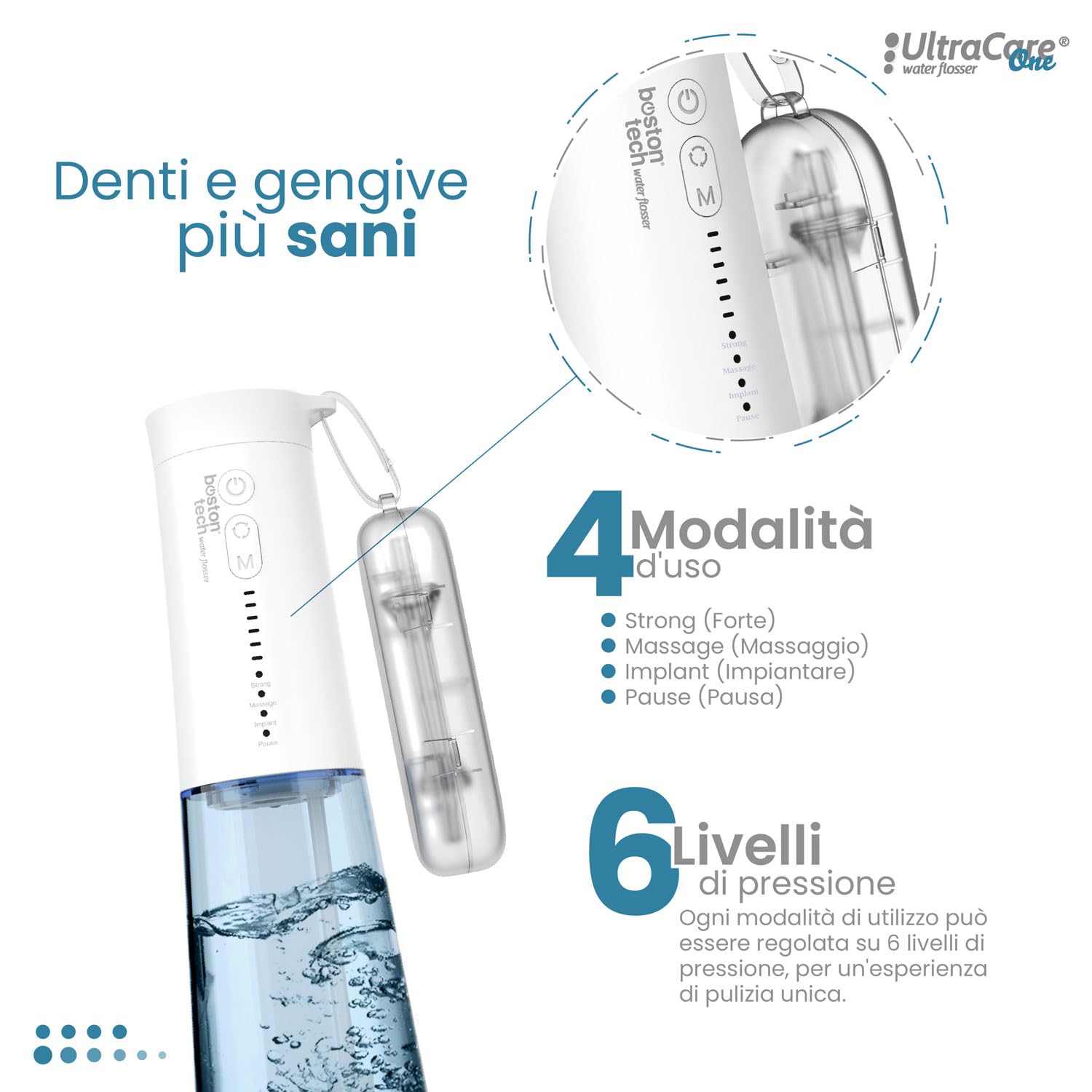 Ultracare One idropulsore dentale professionale della famiglia Aquapik. 4 modalità, 6 livelli di pressione. 8 ugelli. Serbatoio dell'acqua da 250 ml. Ricaricabile tramite USB. Borsa da viaggio inclusa