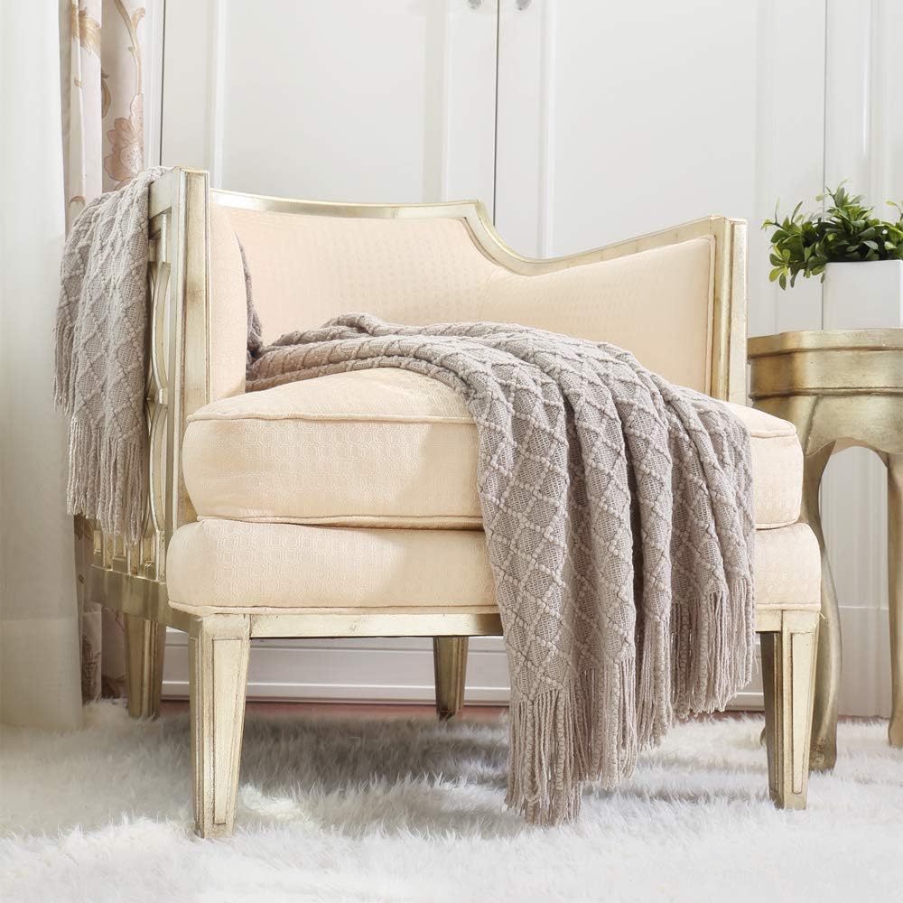 CREVENT Farmhouse Knit Throw Blanket for Couch Sofa Chair Bed Home Decoration, Soft Warm Cozy Light Weight for Spring Summer (50''X60'' Beige/Khaki)