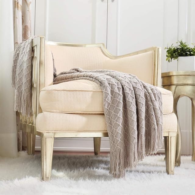 CREVENT Farmhouse Knit Throw Blanket for Couch Sofa Chair Bed Home Decoration, Soft Warm Cozy Light Weight for Spring Summer (127cmX152cm Beige / Khaki)
